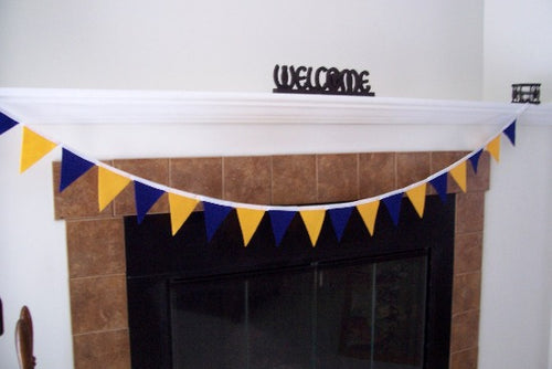 Party banner, blue and gold felt flags, 19 flags each 3 1/2