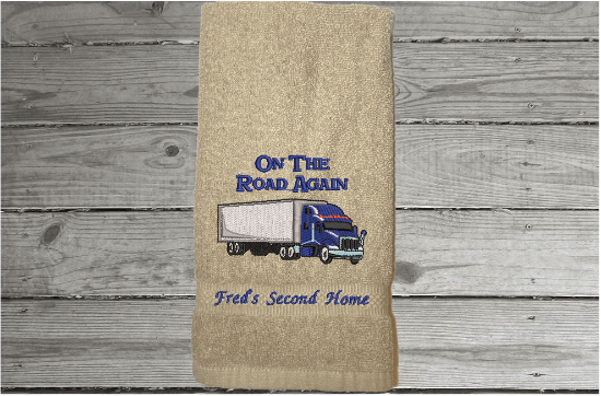 Beige hand towel for a trucker to use on his trips - gift for dad on his birthday, Fathers Day, anniversary etc -cotton terry towel  premium soft and absorbent 16" x 27" - Borgmanns Creations - 1