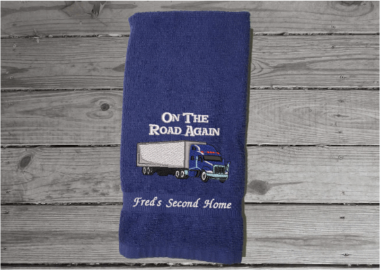 Blue hand towel for a trucker to use on his trips - gift for dad on his birthday, Fathers Day, anniversary etc -cotton terry towel  premium soft and absorbent 16" x 27" - Borgmanns Creations - 2