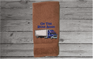 Brown hand towel for a trucker to use on his trips - gift for dad on his birthday, Fathers Day, anniversary etc -cotton terry towel  premium soft and absorbent 16" x 27" - Borgmanns Creations - 3
