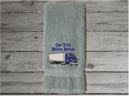 Gray hand towel for a trucker to use on his trips - gift for dad on his birthday, Fathers Day, anniversary etc -cotton terry towel  premium soft and absorbent 16" x 27" - Borgmanns Creations - 4