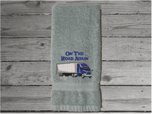 Load image into Gallery viewer, Gray hand towel for a trucker to use on his trips - gift for dad on his birthday, Fathers Day, anniversary etc -cotton terry towel  premium soft and absorbent 16&quot; x 27&quot; - Borgmanns Creations - 4

