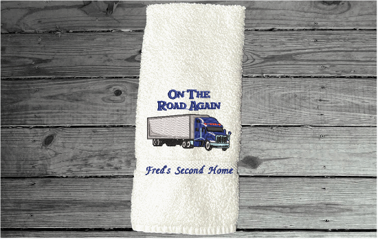 White hand towel for a trucker to use on his trips - gift for dad on his birthday, Fathers Day, anniversary etc -cotton terry towel  premium soft and absorbent 16" x 30" - Borgmanns Creations - 5