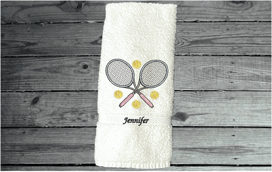 White tennis towel - embroidered terry hand towel 16" x 30" - sports towel for tennis player, tennis balls flying, personalized sweat towel for her - Great gift for the whole teem - Home decor for bathroom or kitchen - Borgmanns Creations 