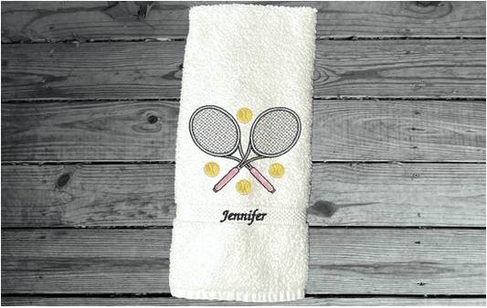 White tennis towel - embroidered terry hand towel 16" x 30" - sports towel for tennis player, tennis balls flying, personalized sweat towel for her - Great gift for the whole teem - Home decor for bathroom or kitchen - Borgmanns Creations 