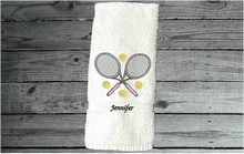 Load image into Gallery viewer, White tennis towel - embroidered terry hand towel 16&quot; x 30&quot; - sports towel for tennis player, tennis balls flying, personalized sweat towel for her - Great gift for the whole teem - Home decor for bathroom or kitchen - Borgmanns Creations 
