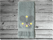 Load image into Gallery viewer, Gray tennis towel - embroidered terry towel, soft and absorbent 16&quot; x 27&quot; - sports hand towel for the tennis player, tennis balls flying, personalized sweat towel for her - Great gift for the whole teem - Home decor for bathroom or kitchen - Borgmanns Creations 
