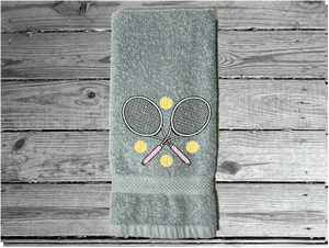 Gray tennis towel - embroidered terry towel, soft and absorbent 16" x 27" - sports hand towel for the tennis player, tennis balls flying, personalized sweat towel for her - Great gift for the whole teem - Home decor for bathroom or kitchen - Borgmanns Creations 