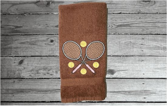 Brown tennis towel - embroidered terry towel, soft and absorbent 16" x 27" - sports hand towel for the tennis player, tennis balls flying, personalized sweat towel for her - Great gift for the whole teem - Home decor for bathroom or kitchen - Borgmanns Creations 