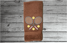 Load image into Gallery viewer, Brown tennis towel - embroidered terry towel, soft and absorbent 16&quot; x 27&quot; - sports hand towel for the tennis player, tennis balls flying, personalized sweat towel for her - Great gift for the whole teem - Home decor for bathroom or kitchen - Borgmanns Creations 
