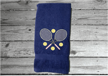 Load image into Gallery viewer, Blue tennis towel - embroidered terry towel, soft and absorbent 16&quot; x 27&quot; - sports hand towel for the tennis player, tennis balls flying, personalized sweat towel for her - Great gift for the whole teem - Home decor for bathroom or kitchen - Borgmanns Creations 
