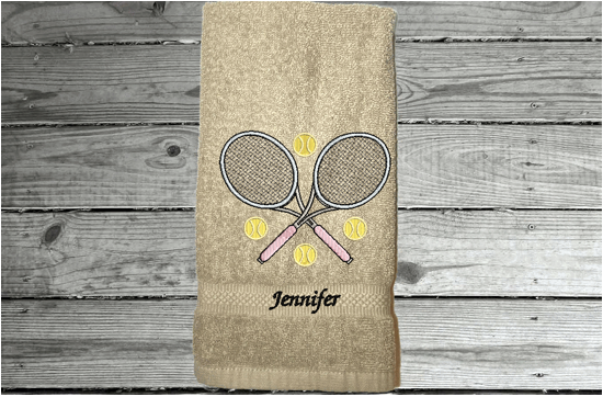Beige tennis towel - embroidered terry towel, soft and absorbent 16" x 27" - sports hand towel for the tennis player, tennis balls flying, personalized sweat towel for her - Great gift for the whole teem - Home decor for bathroom or kitchen - Borgmanns Creations 