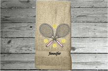 Load image into Gallery viewer, Beige tennis towel - embroidered terry towel, soft and absorbent 16&quot; x 27&quot; - sports hand towel for the tennis player, tennis balls flying, personalized sweat towel for her - Great gift for the whole teem - Home decor for bathroom or kitchen - Borgmanns Creations 
