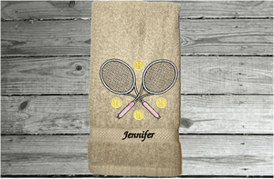 Beige tennis towel - embroidered terry towel, soft and absorbent 16" x 27" - sports hand towel for the tennis player, tennis balls flying, personalized sweat towel for her - Great gift for the whole teem - Home decor for bathroom or kitchen - Borgmanns Creations 