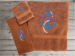 Brown bath towel set or individual towels, personalized name on anchor. This Luxury towel set of 3 towels 1 bath towel 27" x 50",1 hand towel 16" x 27", 1 washcloth 13" x 13". Perfect design for your home, lake home or as a gift for a friend. Premium soft and absorbent towels make a wonderful home decor gift for a friend  - Borgmanns Creations - 5