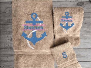 Beige bath towel set or individual towels, personalized name on anchor. This Luxury towel set of 3 towels 1 bath towel 27" x 50",1 hand towel 16" x 27", 1 washcloth 13" x 13". Perfect design for your home, lake home or as a gift for a friend. Premium soft and absorbent towels make a wonderful home decor gift for a friend  - Borgmanns Creations - 3