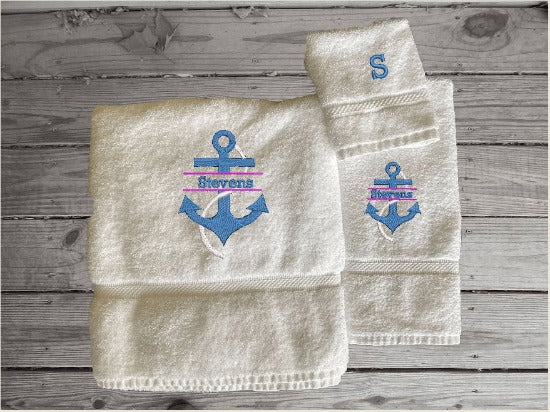 White bath towel set or individual towels, personalized name on anchor. This Luxury towel set of 3 towels 1 bath towel 30" x 54",1 hand towel 16" x 30", 1 washcloth 13" x 13". Perfect design for your home, lake home or as a gift for a friend. Premium soft and absorbent towels make a wonderful home decor gift for a friend  - Borgmanns Creations - 4