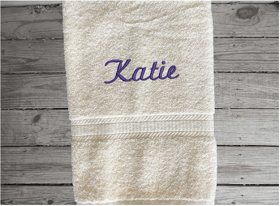 Personalized bath towel with embroidered monogram name. Soft absorbent cotton bath towel, 27" x 52" color is off white or light cream. Gift for anyone, wedding, family, friend etc. - Borgmanns Creations 