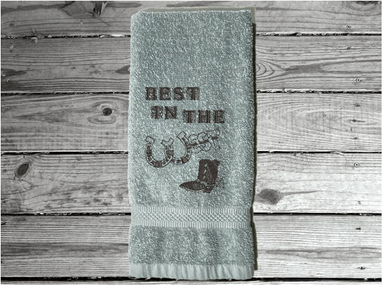 Gray western hand towel, terry towel, soft and absorbent, 16" x 27", embroidered design "Best in The West" with horseshoe and cowboy boot, for your spouse for your anniversary or their birthday to display in the bathroom or kitchen - Borgmanns Creations 