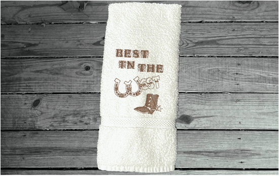 White western hand towel, terry towel, soft and absorbent, 16" x 30", embroidered design "Best in The West" with horseshoe and cowboy boot, for your spouse for your anniversary or their birthday to display in the bathroom or kitchen - Borgmanns Creations 