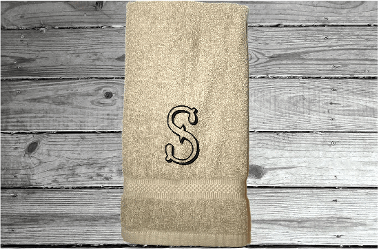 Beige personalized hand towel, monogrammed western theme (Hoedown Shadow Font) embroidered Initial on soft and absorbent terry, 16" x 27" hand towel - new couple gift, housewarming gift for family or friends. - Borgmanns Creations 