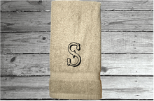Load image into Gallery viewer, Beige personalized hand towel, monogrammed western theme (Hoedown Shadow Font) embroidered Initial on soft and absorbent terry, 16&quot; x 27&quot; hand towel - new couple gift, housewarming gift for family or friends. - Borgmanns Creations 

