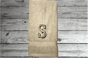 Beige personalized hand towel, monogrammed western theme (Hoedown Shadow Font) embroidered Initial on soft and absorbent terry, 16" x 27" hand towel - new couple gift, housewarming gift for family or friends. - Borgmanns Creations 
