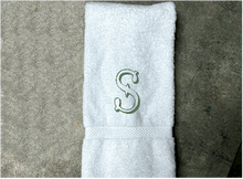 Load image into Gallery viewer, White personalized hand towel, monogrammed western theme (Hoedown Shadow Font) embroidered Initial on soft and absorbent terry, 16&quot; x 30&quot; hand towel - new couple gift, housewarming gift for family or friends. - Borgmanns Creations 
