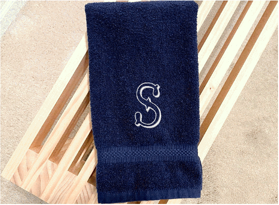 Blue personalized hand towel, monogrammed western theme (Hoedown Shadow Font) embroidered Initial on soft and absorbent terry, 16" x 27" hand towel - new couple gift, housewarming gift for family or friends. - Borgmanns Creations 