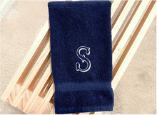 Load image into Gallery viewer, Blue personalized hand towel, monogrammed western theme (Hoedown Shadow Font) embroidered Initial on soft and absorbent terry, 16&quot; x 27&quot; hand towel - new couple gift, housewarming gift for family or friends. - Borgmanns Creations 
