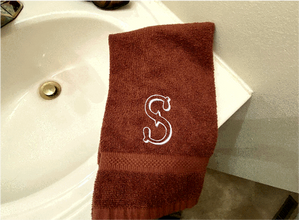 Brown personalized hand towel, monogrammed western theme (Hoedown Shadow Font) embroidered Initial on soft and absorbent terry, 16" x 27" hand towel - new couple gift, housewarming gift for family or friends. - Borgmanns Creations 