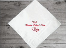 Load image into Gallery viewer, Father&#39;s Day handkerchief - embroidered Happy Father&#39;s Day with 2 hearts - gift from his son or daughter - personalized gift for him - make it a special day for dad when you present this to him as a loving gift - cotton handkerchief with satin strips, 16&quot; x 16&quot; - Borgmanns Creations - 2
