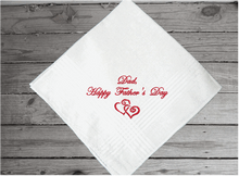 Load image into Gallery viewer, Father&#39;s Day handkerchief - embroidered Happy Father&#39;s Day with 2 hearts - gift from his son or daughter - personalized gift for him - make it a special day for dad when you present this to him as a loving gift - cotton handkerchief with satin strips, 16&quot; x 16&quot; - Borgmanns Creations - 3
