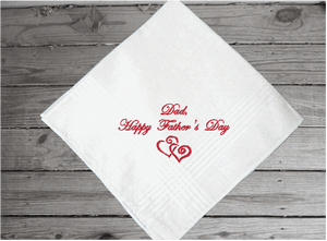 Father's Day handkerchief - embroidered Happy Father's Day with 2 hearts - gift from his son or daughter - personalized gift for him - make it a special day for dad when you present this to him as a loving gift - cotton handkerchief with satin strips, 16" x 16" - Borgmanns Creations - 3