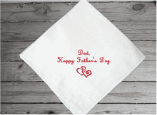 Load image into Gallery viewer, Father&#39;s Day handkerchief - embroidered Happy Father&#39;s Day with 2 hearts - gift from his son or daughter - personalized gift for him - make it a special day for dad when you present this to him as a loving gift - cotton handkerchief with satin strips, 16&quot; x 16&quot; - Borgmanns Creations - 4
