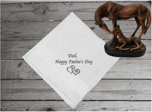 Load image into Gallery viewer, Father&#39;s Day handkerchief - embroidered Happy Father&#39;s Day with 2 hearts - gift from his son or daughter - personalized gift for him - make it a special day for dad when you present this to him as a loving gift - cotton handkerchief with satin strips, 16&quot; x 16&quot; - Borgmanns Creations - 1
