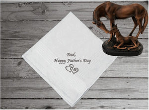 Father's Day handkerchief - embroidered Happy Father's Day with 2 hearts - gift from his son or daughter - personalized gift for him - make it a special day for dad when you present this to him as a loving gift - cotton handkerchief with satin strips, 16" x 16" - Borgmanns Creations - 1