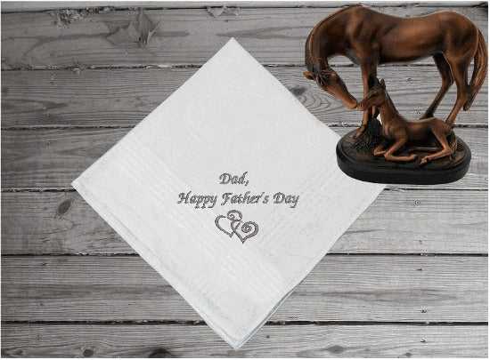 Father's Day handkerchief - embroidered Happy Father's Day with 2 hearts - gift from his son or daughter - personalized gift for him - make it a special day for dad when you present this to him as a loving gift - cotton handkerchief with satin strips, 16