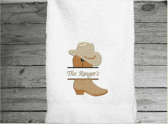 White  hand towel Martex Staybright Hospitality Towels ringspun cotton loops. Durable soft and absorbent, finished edges with decorative band. Embroidered with a custom design, these luxury towels will make a wonderful bathroom gift for any bathroom. terry towel 16" x 27" embroidered design of cowboy boot and hat with a personalized name. - Borgmanns Creations - 2