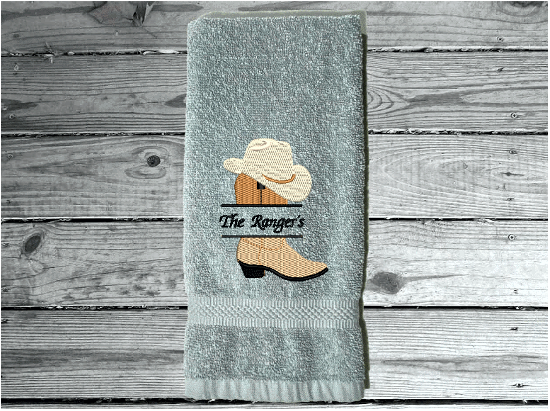 Gray  hand towel Martex Staybright Hospitality Towels ringspun cotton loops. Durable soft and absorbent, finished edges with decorative band. Embroidered with a custom design, these luxury towels will make a wonderful bathroom gift for any bathroom. terry towel 16" x 27" embroidered design of cowboy boot and hat with a personalized name. - Borgmanns Creations - 3
