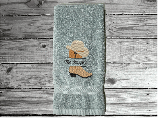 Gray personalized terry hand towel soft and absorbent western wedding gift - western boot and hat with embroidered name 16" x 27", for the new couple to display in their bathroom or kitchen -  housewarming or anniversary gift - Borgmanns Creations 