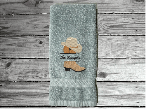 Gray personalized terry hand towel soft and absorbent western wedding gift - western boot and hat with embroidered name 16