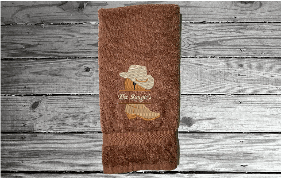 Brown personalized terry hand towel soft and absorbent western wedding gift - western boot and hat with embroidered name 16" x 27", for the new couple to display in their bathroom or kitchen -  housewarming or anniversary gift - Borgmanns Creations 