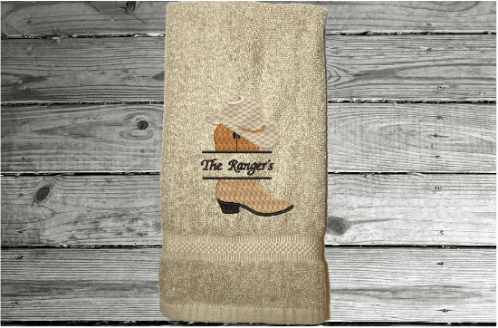 Beige personalized terry hand towel soft and absorbent western wedding gift - western boot and hat with embroidered name 16" x 27", for the new couple to display in their bathroom or kitchen -  housewarming or anniversary gift - Borgmanns Creations 