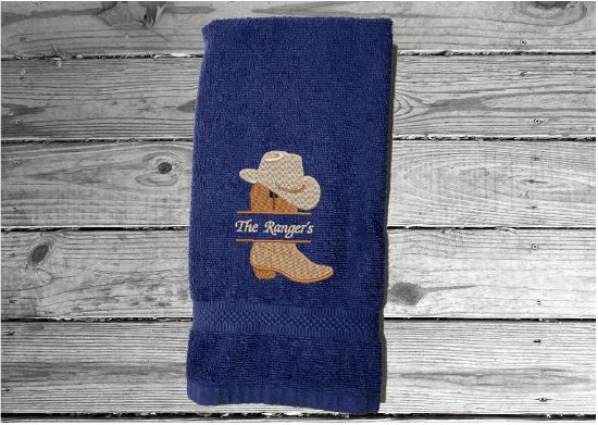 Blue personalized terry hand towel soft and absorbent western wedding gift - western boot and hat with embroidered name 16" x 27", for the new couple to display in their bathroom or kitchen -  housewarming or anniversary gift - Borgmanns Creations 