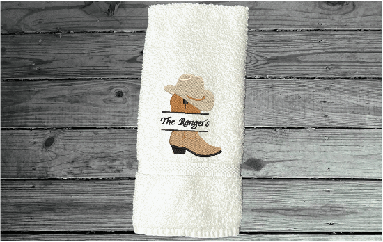 White personalized terry hand towel soft and absorbent western wedding gift - western boot and hat with embroidered name 16" x 30", for the new couple to display in their bathroom or kitchen -  housewarming or anniversary gift - Borgmanns Creations 
