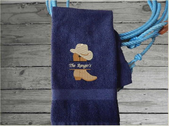Blue  hand towel Martex Staybright Hospitality Towels ringspun cotton loops. Durable soft and absorbent, finished edges with decorative band. Embroidered with a custom design, these luxury towels will make a wonderful bathroom gift for any bathroom. terry towel 16" x 27" embroidered design of cowboy boot and hat with a personalized name. - Borgmanns Creations - 5