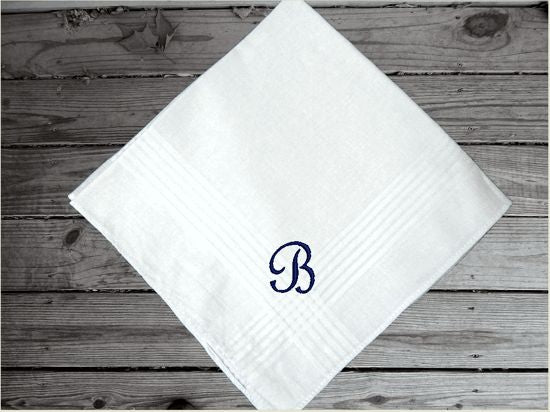 Mans initial handkerchief personalized cotton handkerchief, 16" x 16" with satin strips, an embroidered gift from his son, daughter, or friend. Personalized gift just for him to use.. Make it a special day when you present this to him as a wedding party gift, birthday gift, father's day gift, anniversary gift, etc. - Borgmanns Creations