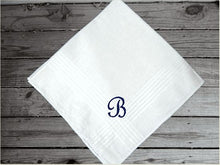 Load image into Gallery viewer, Mans initial handkerchief personalized cotton handkerchief, 16&quot; x 16&quot; with satin strips, an embroidered gift from his son, daughter, or friend. Personalized gift just for him to use.. Make it a special day when you present this to him as a wedding party gift, birthday gift, father&#39;s day gift, anniversary gift, etc. - Borgmanns Creations
