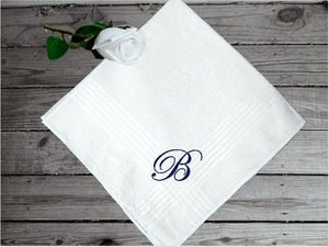 Mans initial handkerchief personalized cotton handkerchief, 16" x 16" with satin strips, an embroidered gift from his son, daughter, or friend. Personalized gift just for him to use.. Make it a special day when you present this to him as a wedding party gift, birthday gift, father's day gift, anniversary gift, etc. - Borgmanns Creations